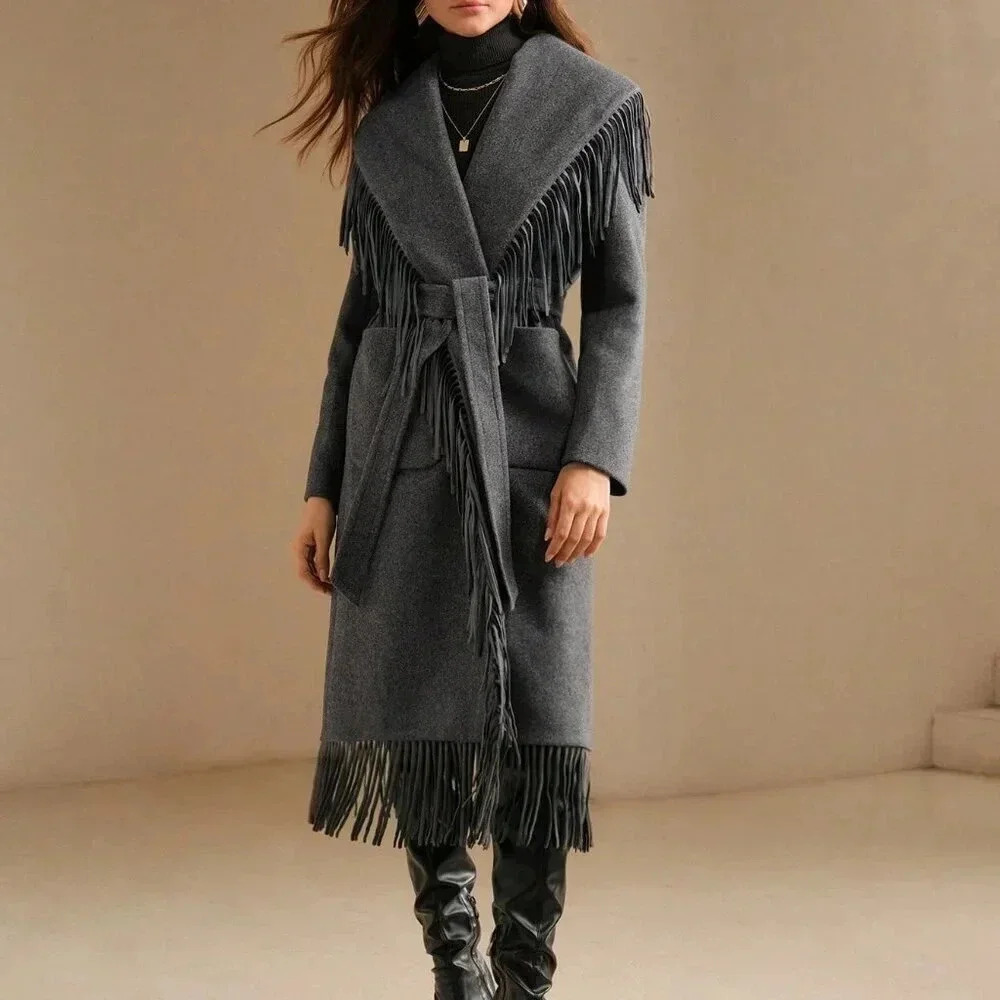 Grey Elegant Women's Faux Fur Collar Wool Blend Jacket With Fringe Trim - Picture 7 of 8